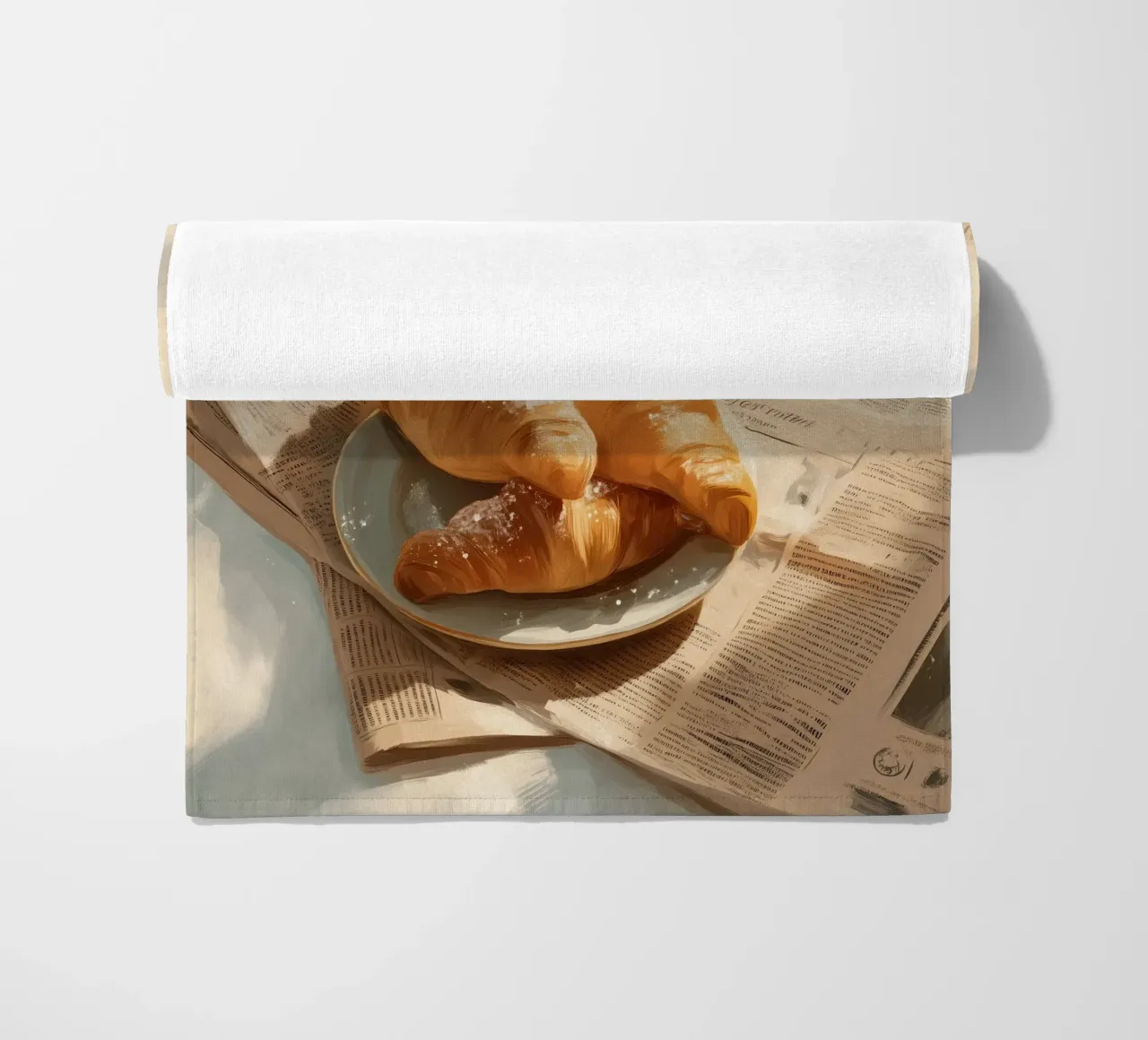 Croissant freschi e caffè in un accogliente momento invernale illuminato dal sole telo mare da Holiday Hearth Prints