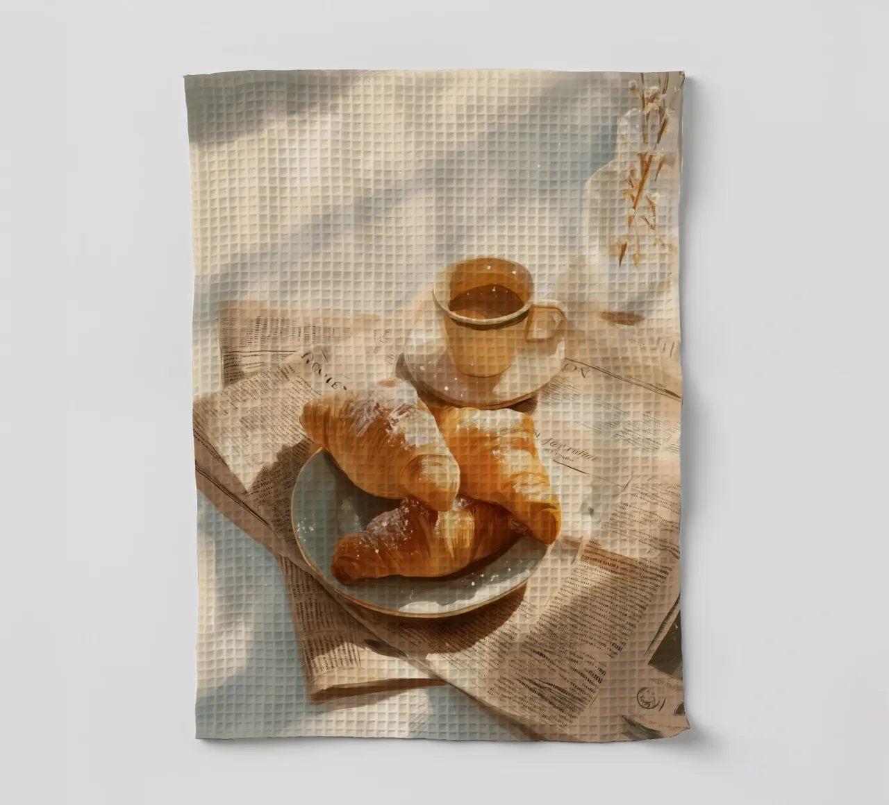 Croissant freschi e caffè in un accogliente momento invernale illuminato dal sole canovaccio da cucina da Holiday Hearth Prints