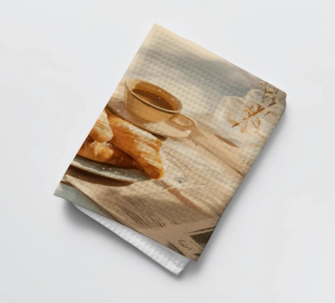 Croissant freschi e caffè in un accogliente momento invernale illuminato dal sole canovaccio da cucina da Holiday Hearth Prints