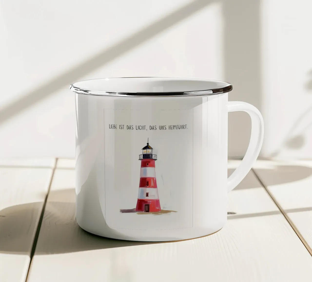 Rot-weißer Leuchtturm mit Spruch tazza in smalto da Coastal Art