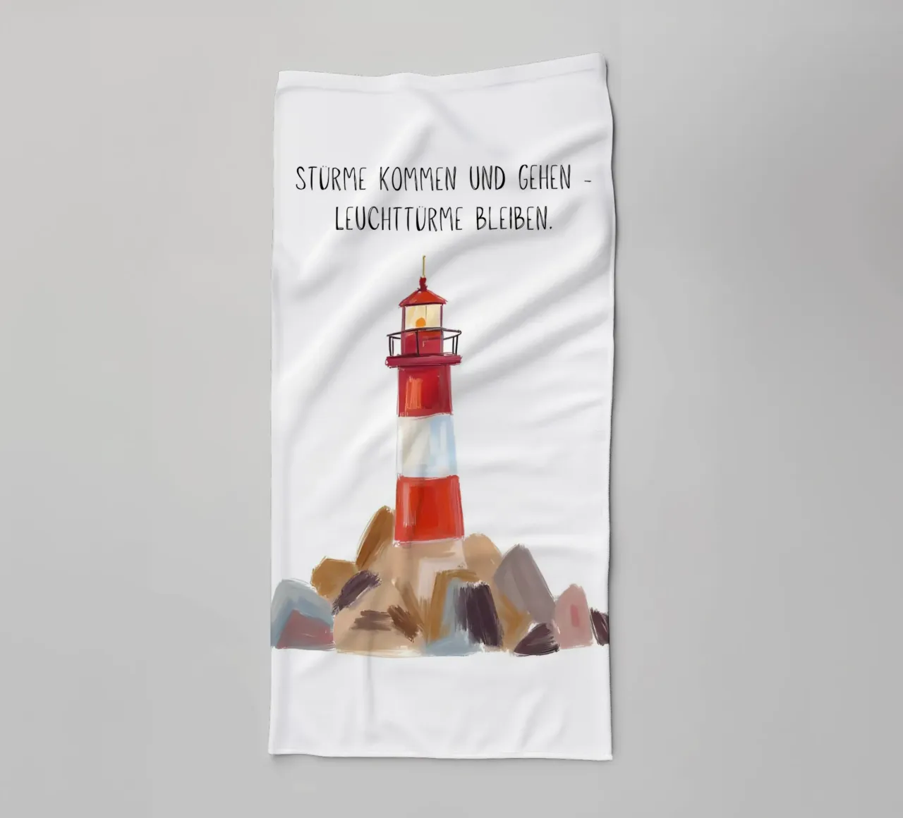 Red and white lighthouse with slogan towel by Coastal Art