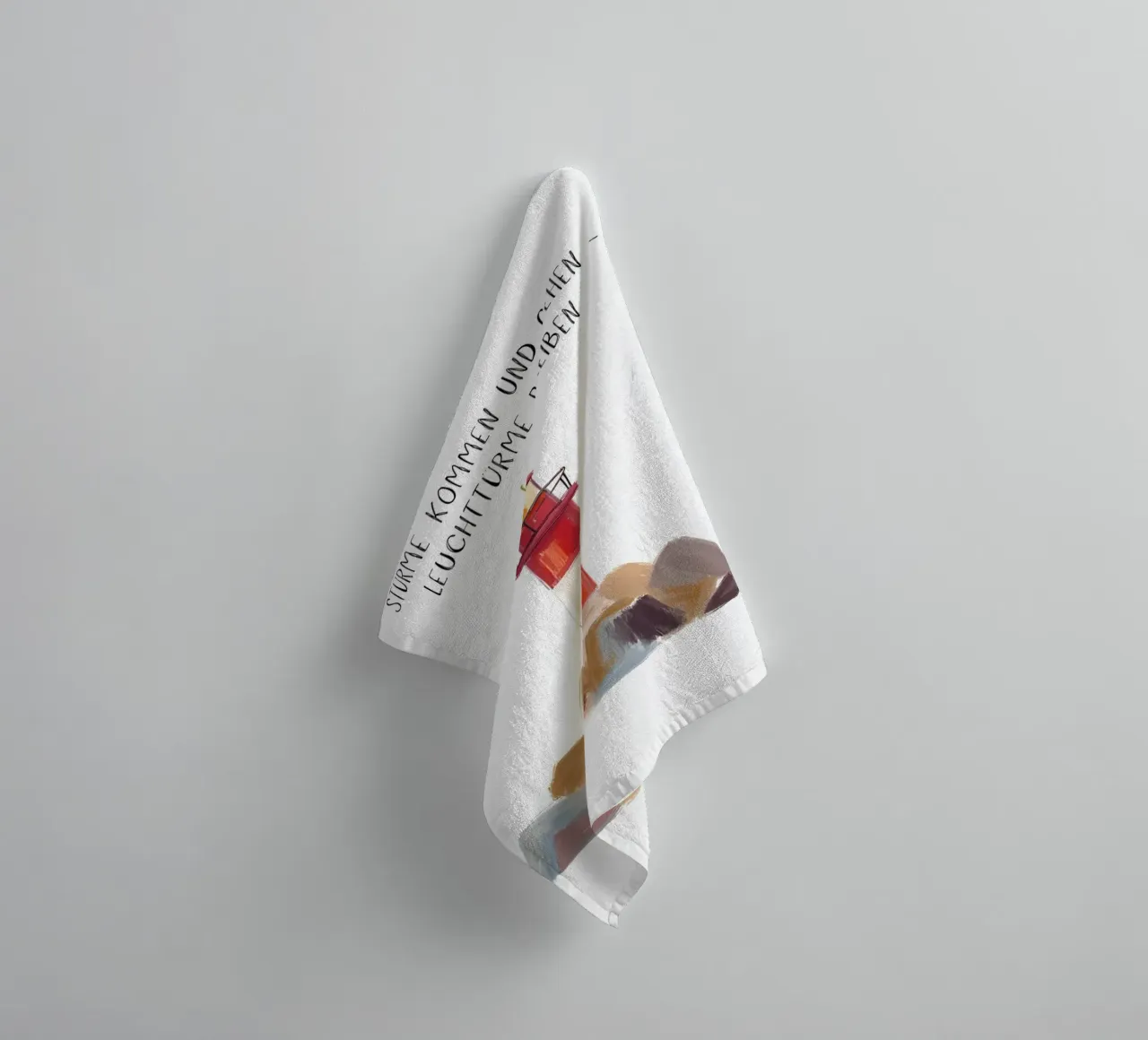 Red and white lighthouse with slogan towel by Coastal Art