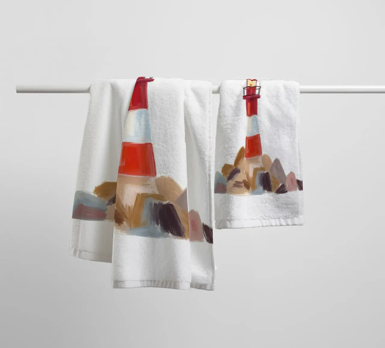Red and white lighthouse with slogan towel by Coastal Art