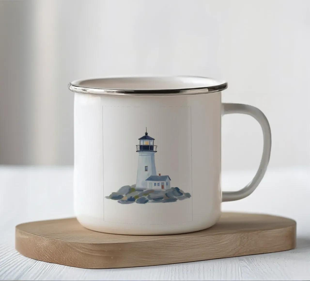 Weißer Leuchtturm in Maine auf Felsen tazza in smalto da Coastal Art