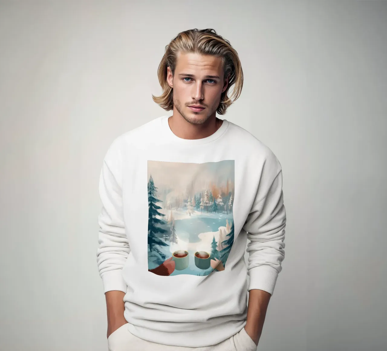 Scena di foresta invernale pacifica con due tazze di caffè caldo felpa da Holiday Hearth Prints