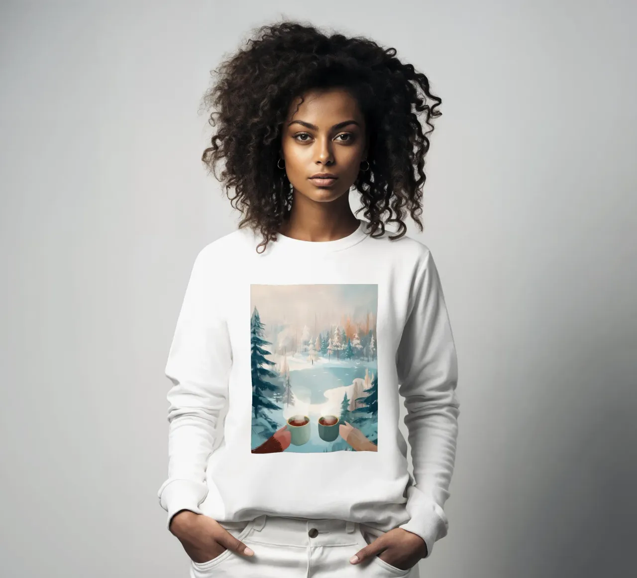 Scena di foresta invernale pacifica con due tazze di caffè caldo felpa da Holiday Hearth Prints