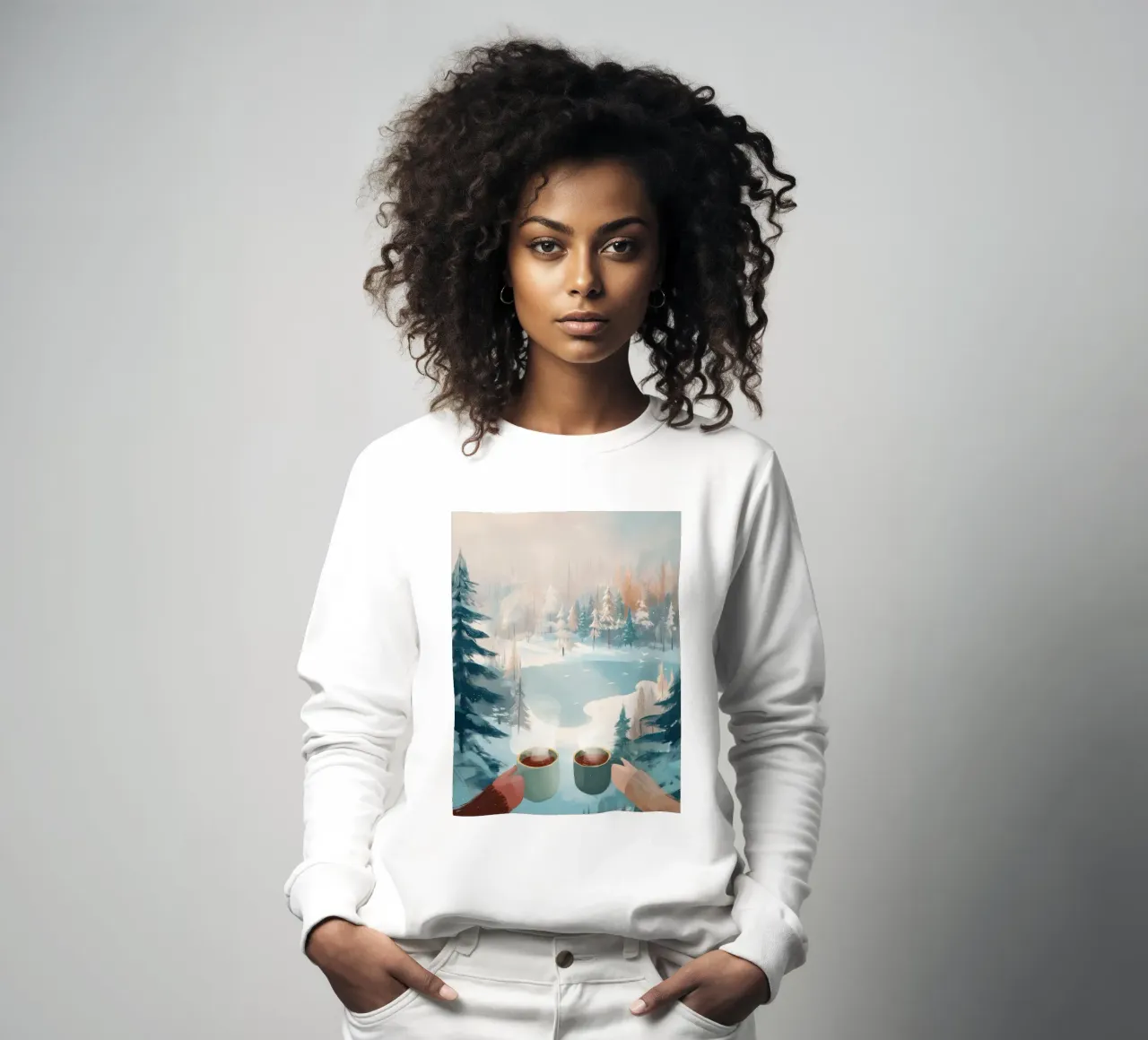 Scena di foresta invernale pacifica con due tazze di caffè caldo felpa da Holiday Hearth Prints