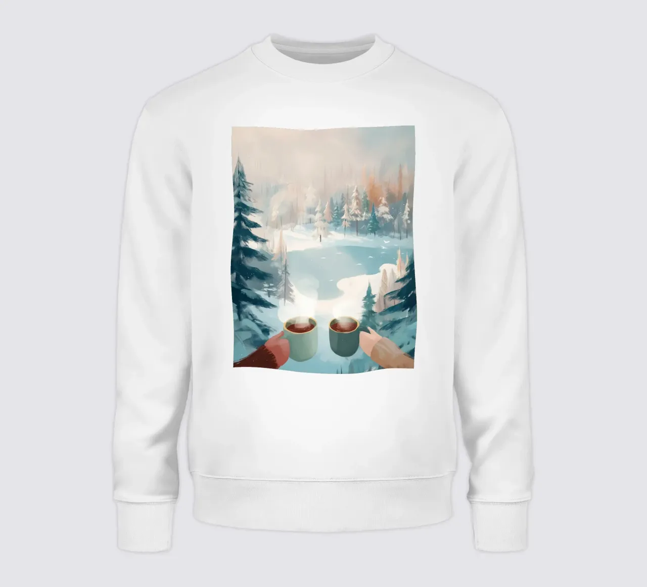 Scena di foresta invernale pacifica con due tazze di caffè caldo felpa da Holiday Hearth Prints