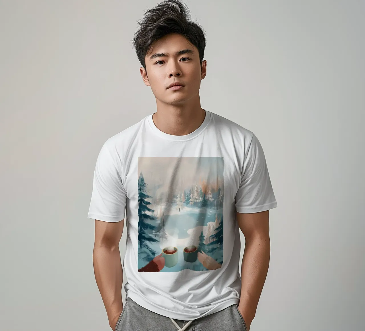 Scena di foresta invernale pacifica con due tazze di caffè caldo t-shirt da Holiday Hearth Prints