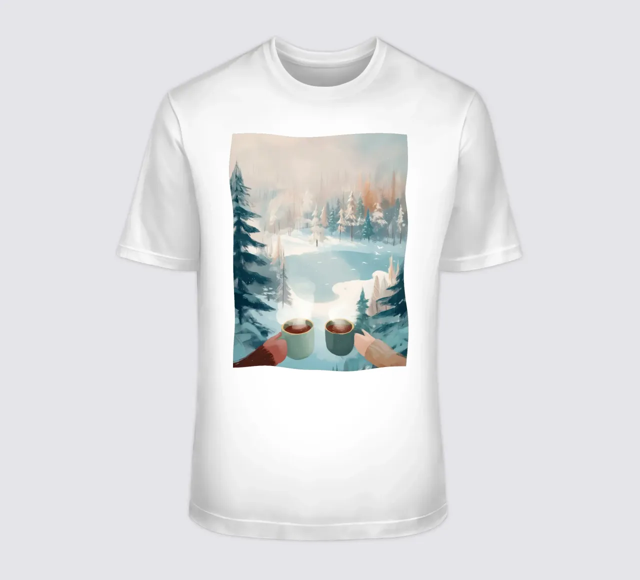 Scena di foresta invernale pacifica con due tazze di caffè caldo t-shirt da Holiday Hearth Prints
