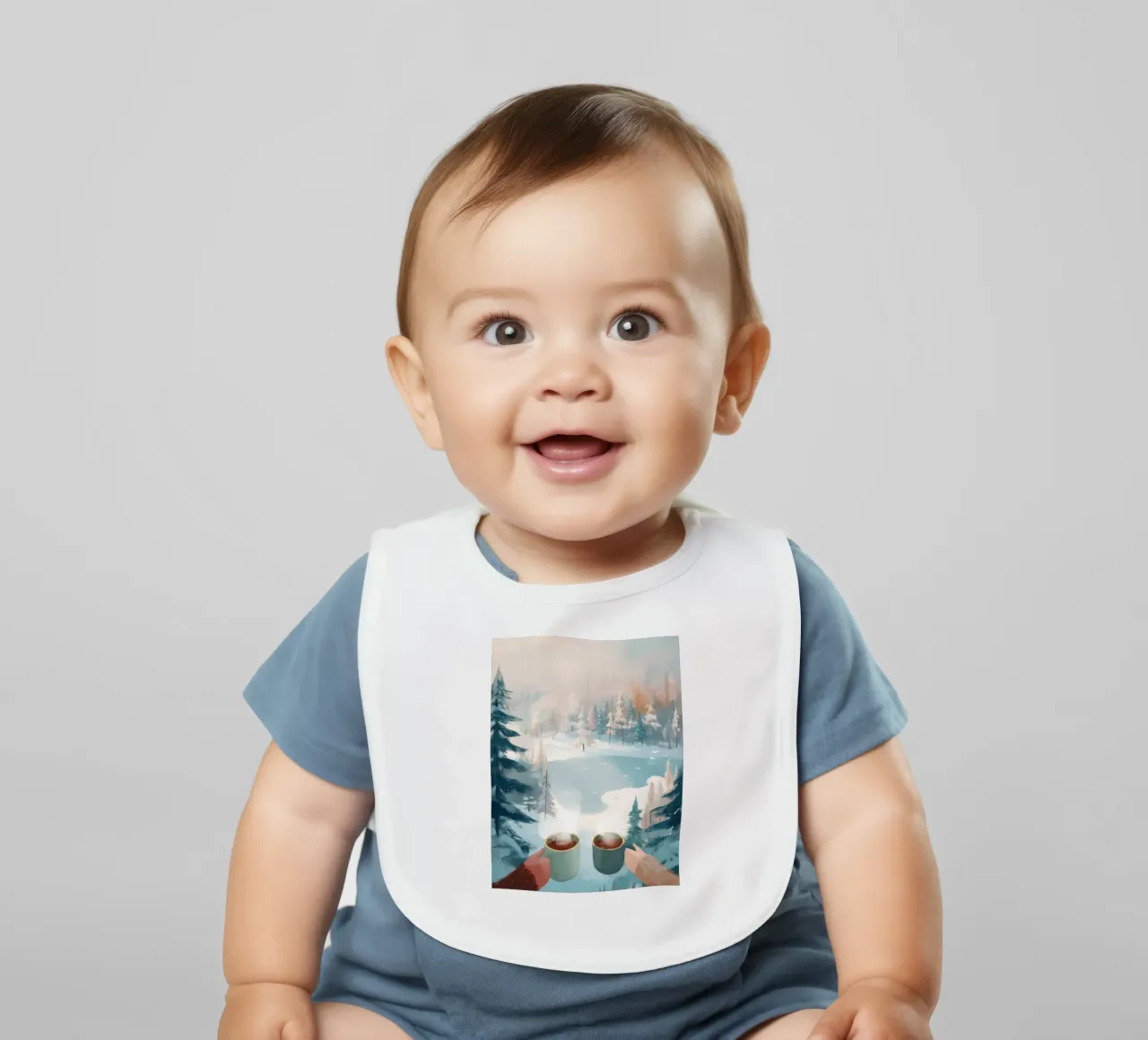 Scena di foresta invernale pacifica con due tazze di caffè caldo bavaglino da Holiday Hearth Prints