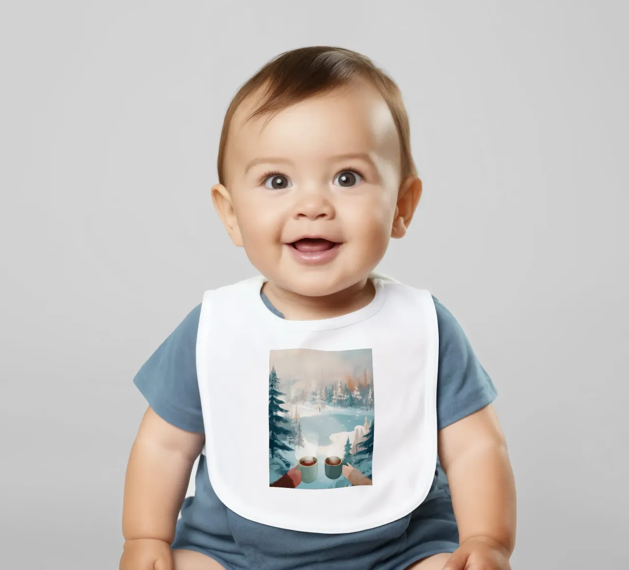 Scena di foresta invernale pacifica con due tazze di caffè caldo bavaglino da Holiday Hearth Prints