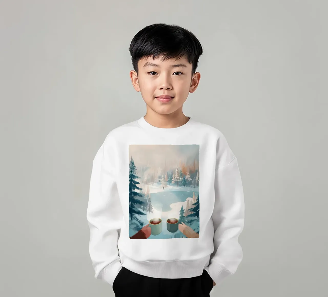 Scena di foresta invernale pacifica con due tazze di caffè caldo felpa bambino da Holiday Hearth Prints