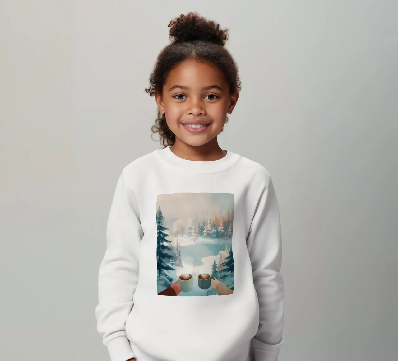 Scena di foresta invernale pacifica con due tazze di caffè caldo felpa bambino da Holiday Hearth Prints