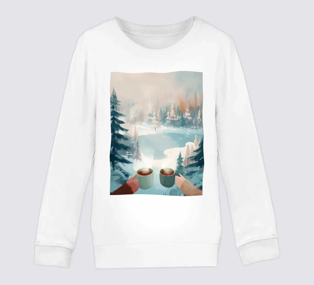 Scena di foresta invernale pacifica con due tazze di caffè caldo felpa bambino da Holiday Hearth Prints