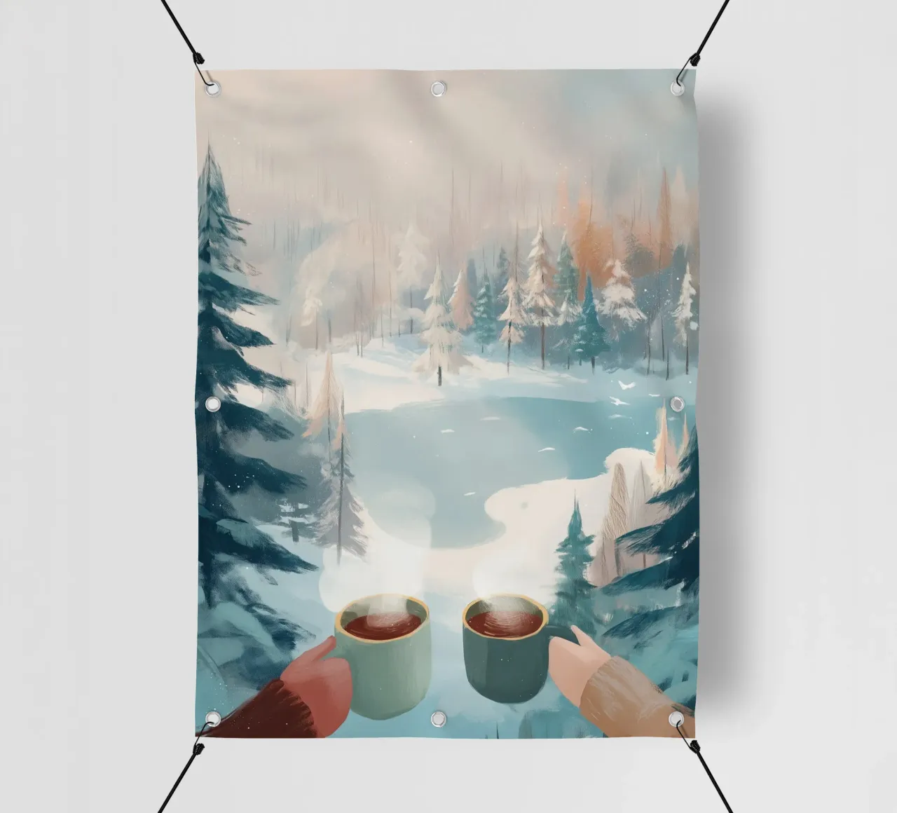 Scena di foresta invernale pacifica con due tazze di caffè caldo telo in pvc da Holiday Hearth Prints