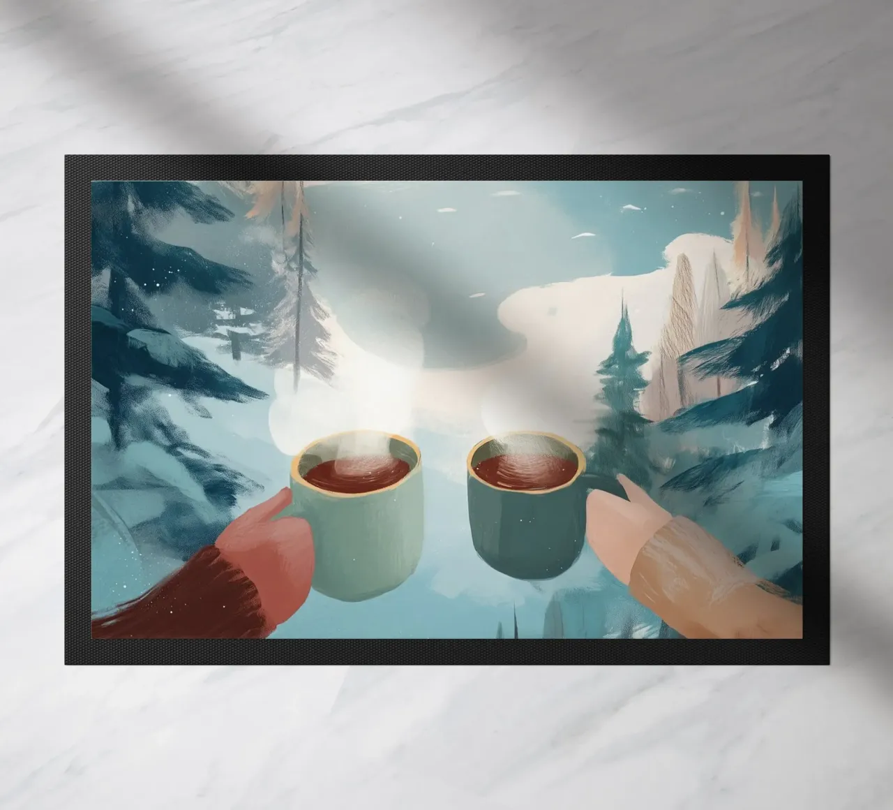 Scena di foresta invernale pacifica con due tazze di caffè caldo zerbino da Holiday Hearth Prints