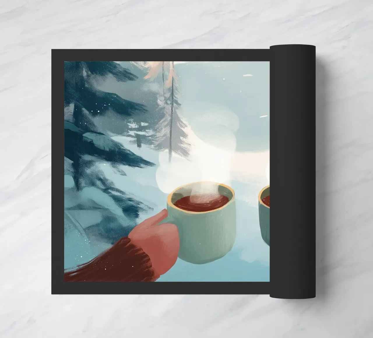 Scena di foresta invernale pacifica con due tazze di caffè caldo zerbino da Holiday Hearth Prints