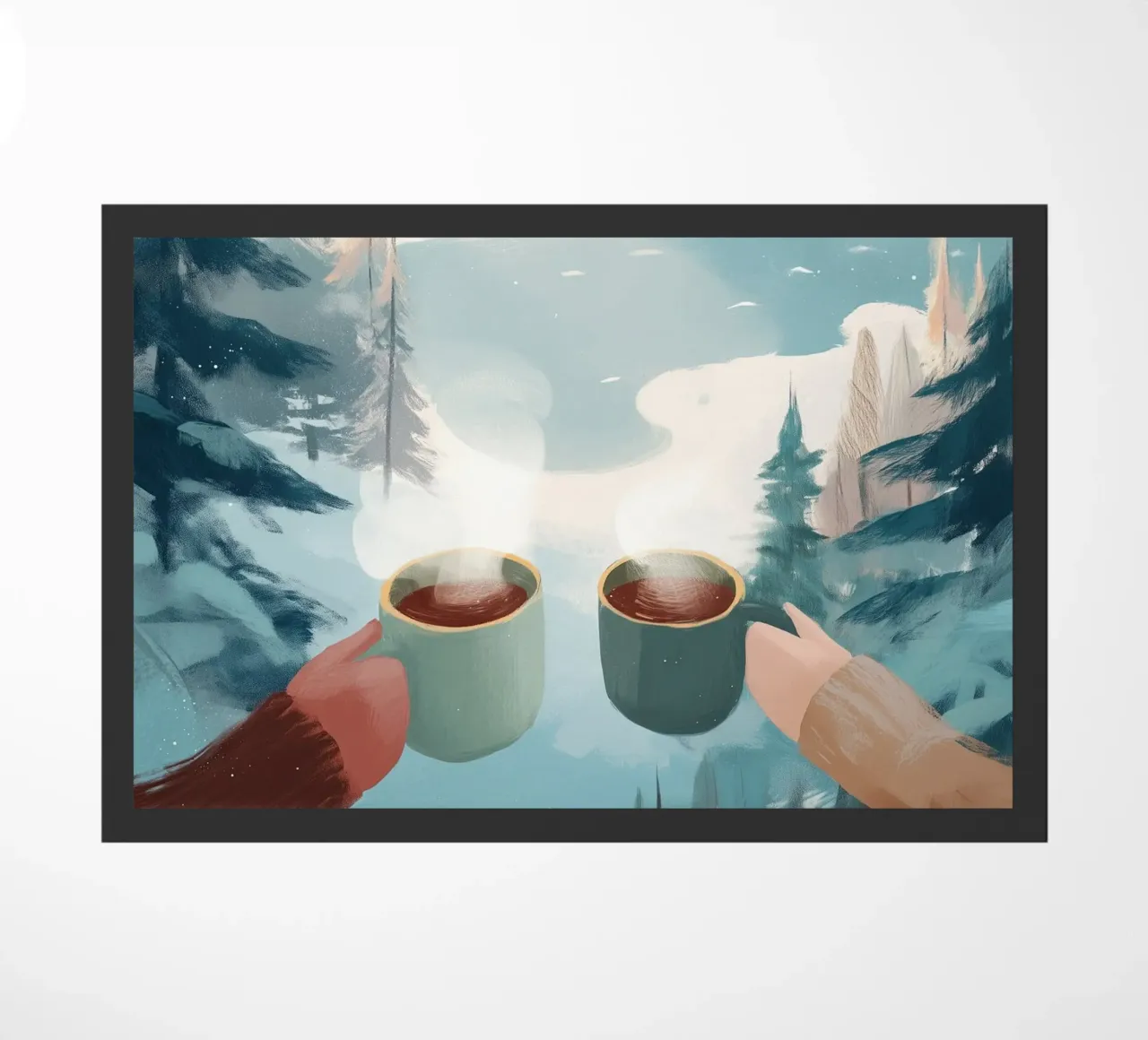 Scena di foresta invernale pacifica con due tazze di caffè caldo zerbino da Holiday Hearth Prints