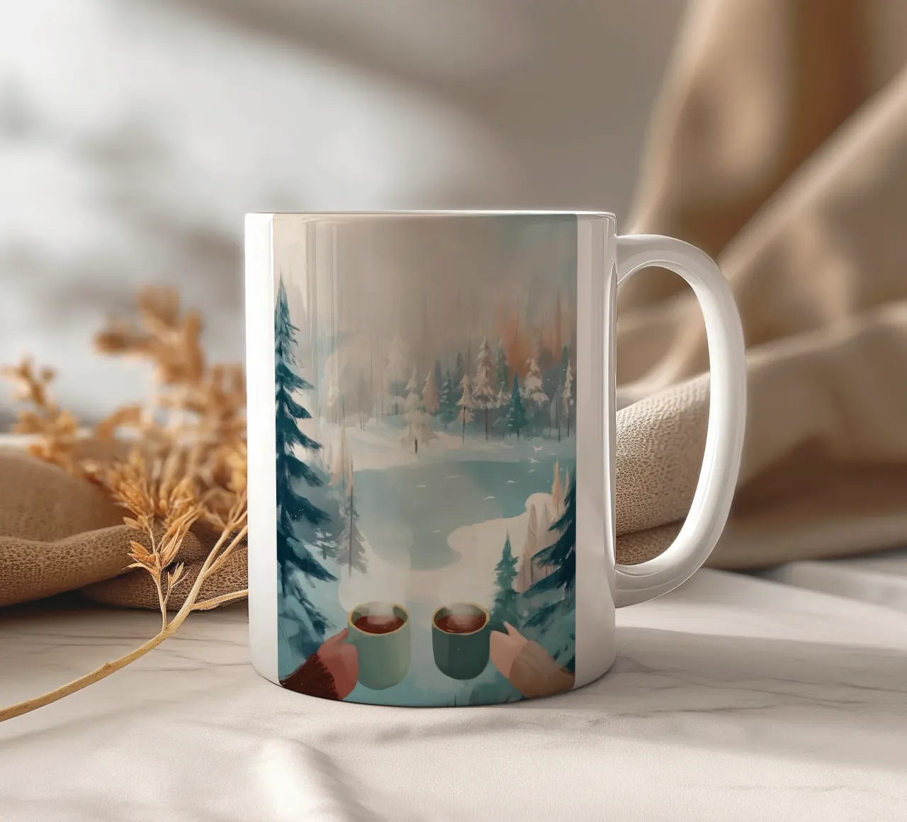 Scena di foresta invernale pacifica con due tazze di caffè caldo tazza in ceramica da Holiday Hearth Prints