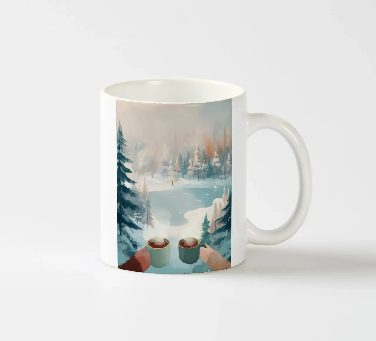 Scena di foresta invernale pacifica con due tazze di caffè caldo tazza in ceramica da Holiday Hearth Prints