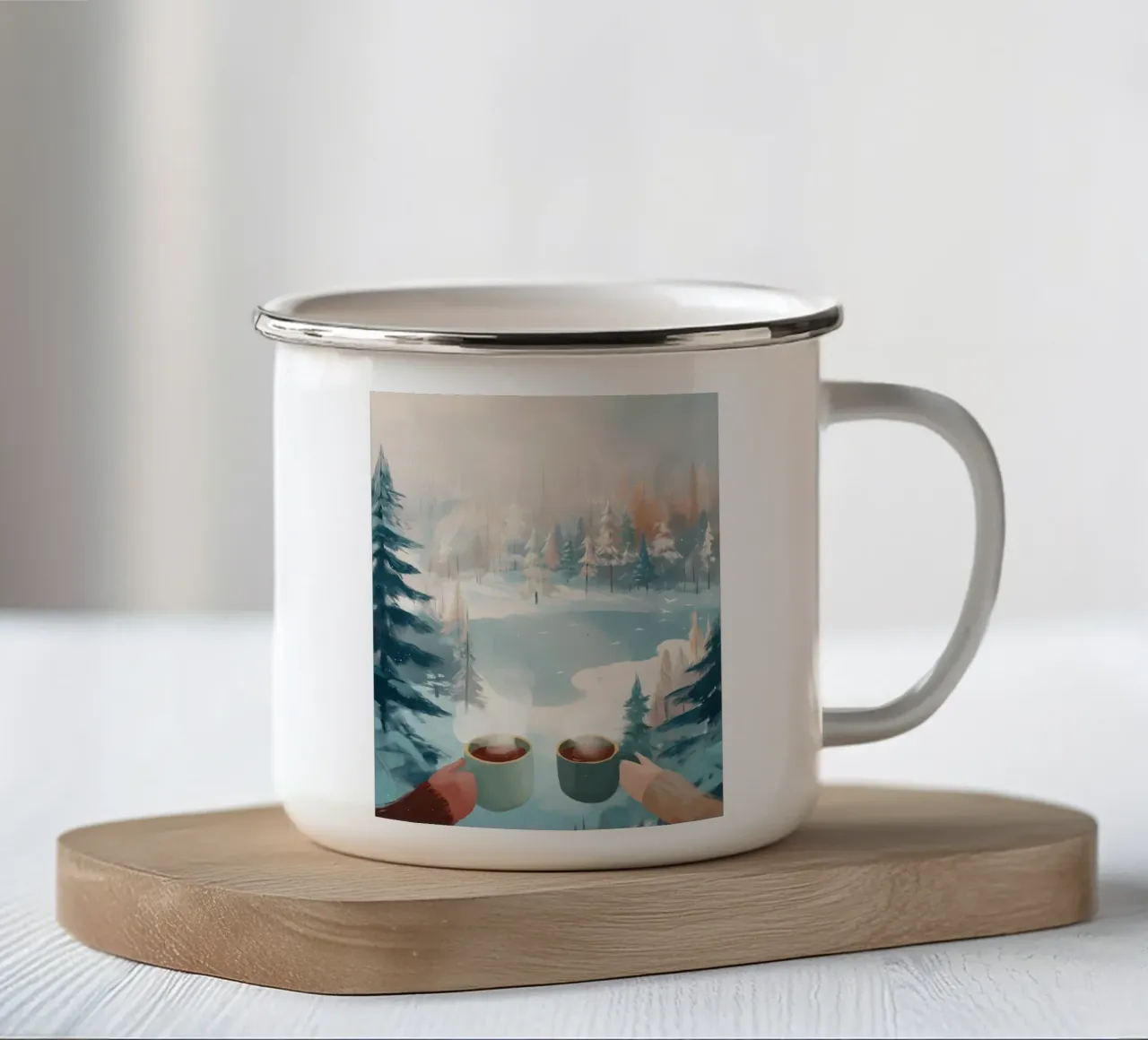 Scena di foresta invernale pacifica con due tazze di caffè caldo tazza in smalto da Holiday Hearth Prints