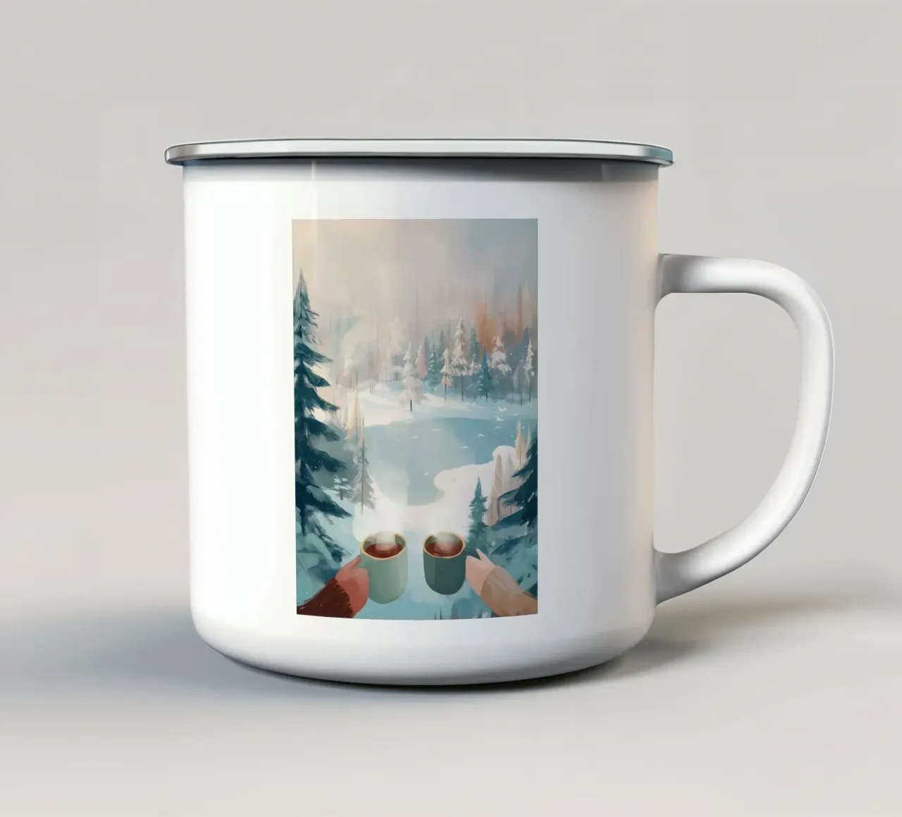 Scena di foresta invernale pacifica con due tazze di caffè caldo tazza in smalto da Holiday Hearth Prints
