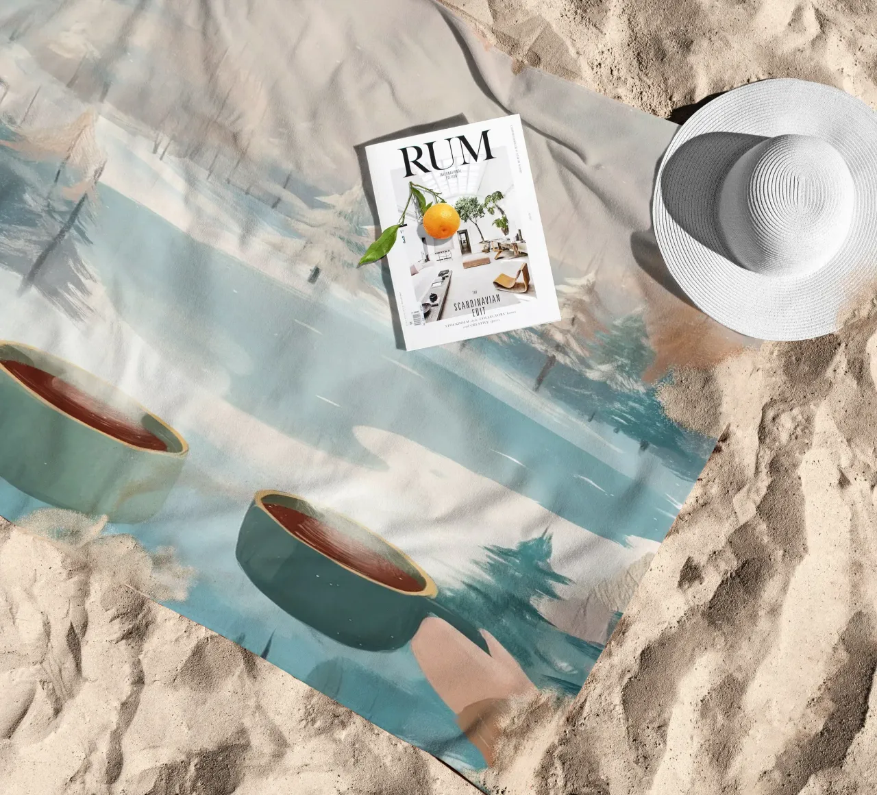 Scena di foresta invernale pacifica con due tazze di caffè caldo telo mare da Holiday Hearth Prints