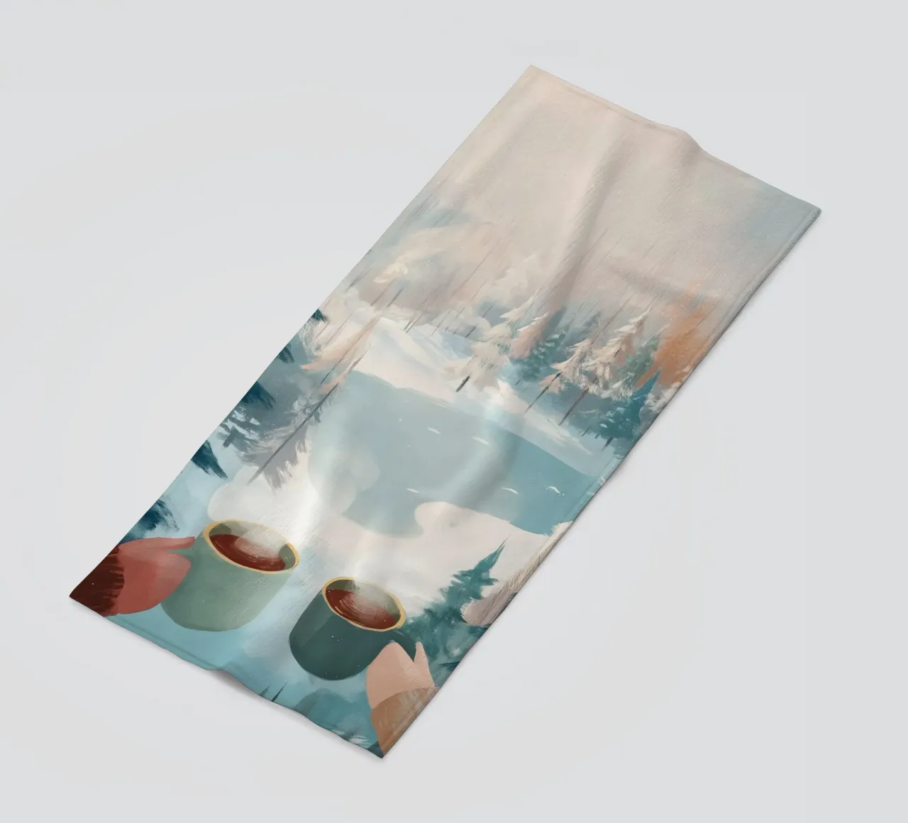 Scena di foresta invernale pacifica con due tazze di caffè caldo telo mare da Holiday Hearth Prints