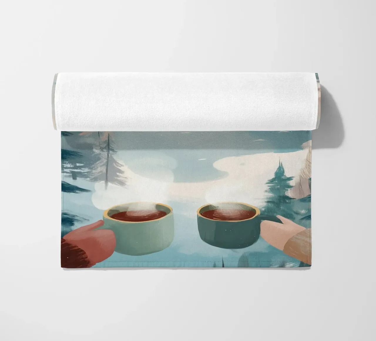 Scena di foresta invernale pacifica con due tazze di caffè caldo telo mare da Holiday Hearth Prints