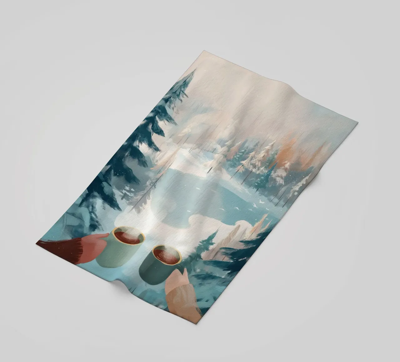 Scena di foresta invernale pacifica con due tazze di caffè caldo telo mare da Holiday Hearth Prints