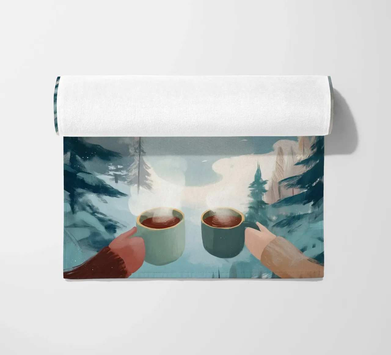 Scena di foresta invernale pacifica con due tazze di caffè caldo telo mare da Holiday Hearth Prints