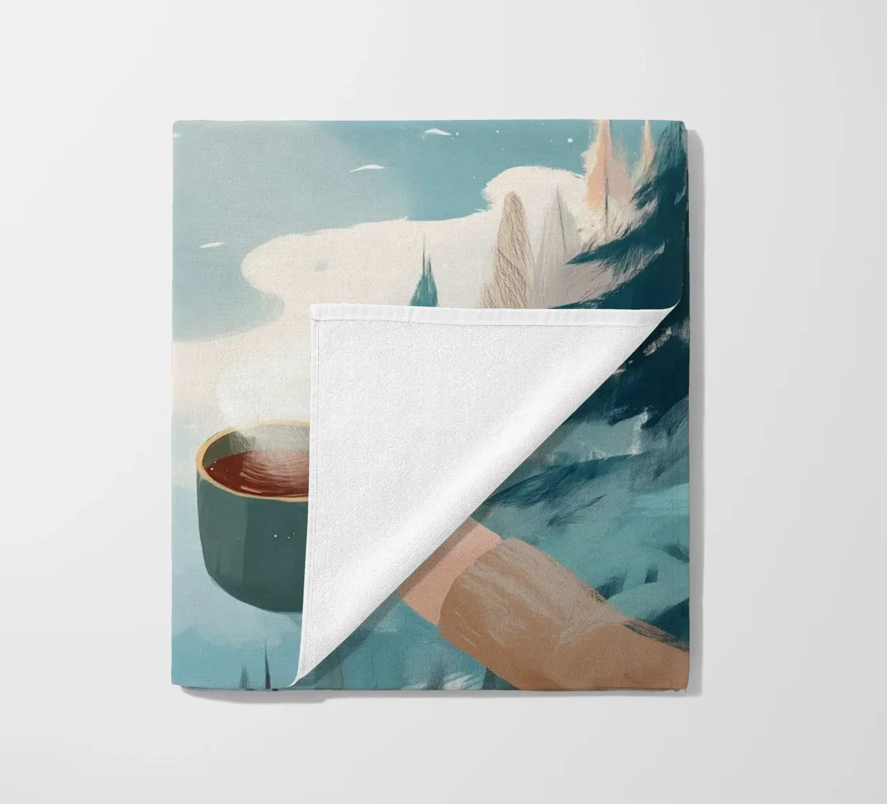 Scena di foresta invernale pacifica con due tazze di caffè caldo telo mare da Holiday Hearth Prints