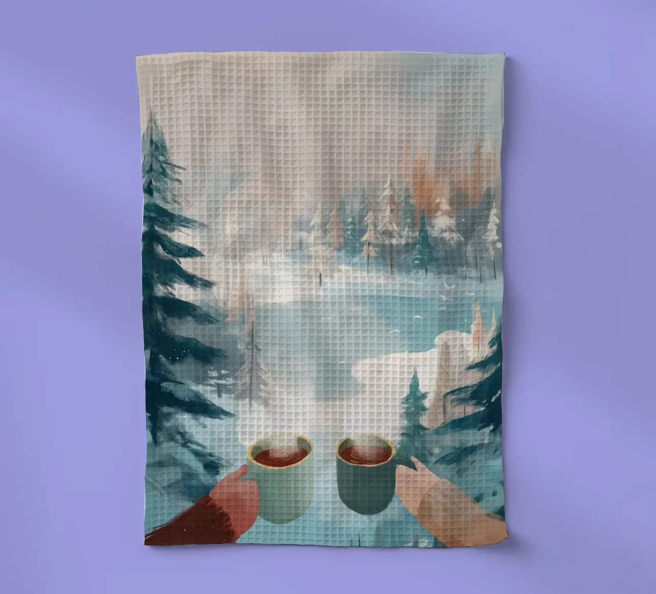 Scena di foresta invernale pacifica con due tazze di caffè caldo canovaccio da cucina da Holiday Hearth Prints