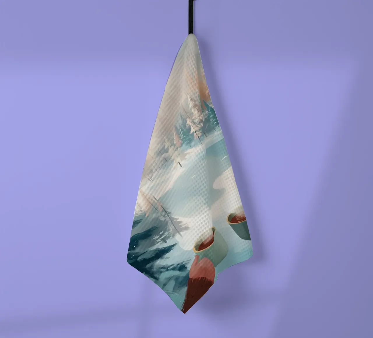 Scena di foresta invernale pacifica con due tazze di caffè caldo canovaccio da cucina da Holiday Hearth Prints