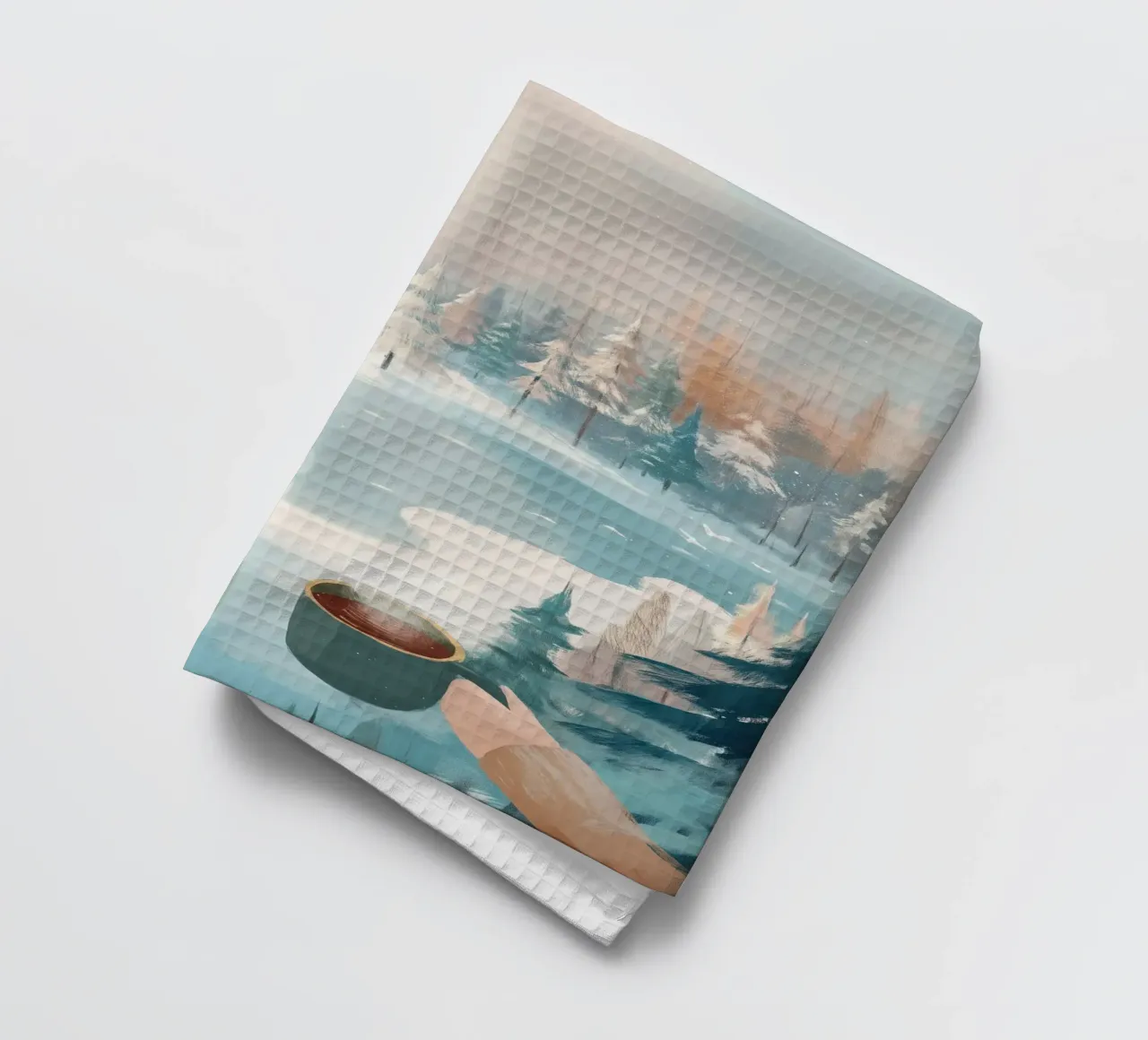 Scena di foresta invernale pacifica con due tazze di caffè caldo canovaccio da cucina da Holiday Hearth Prints