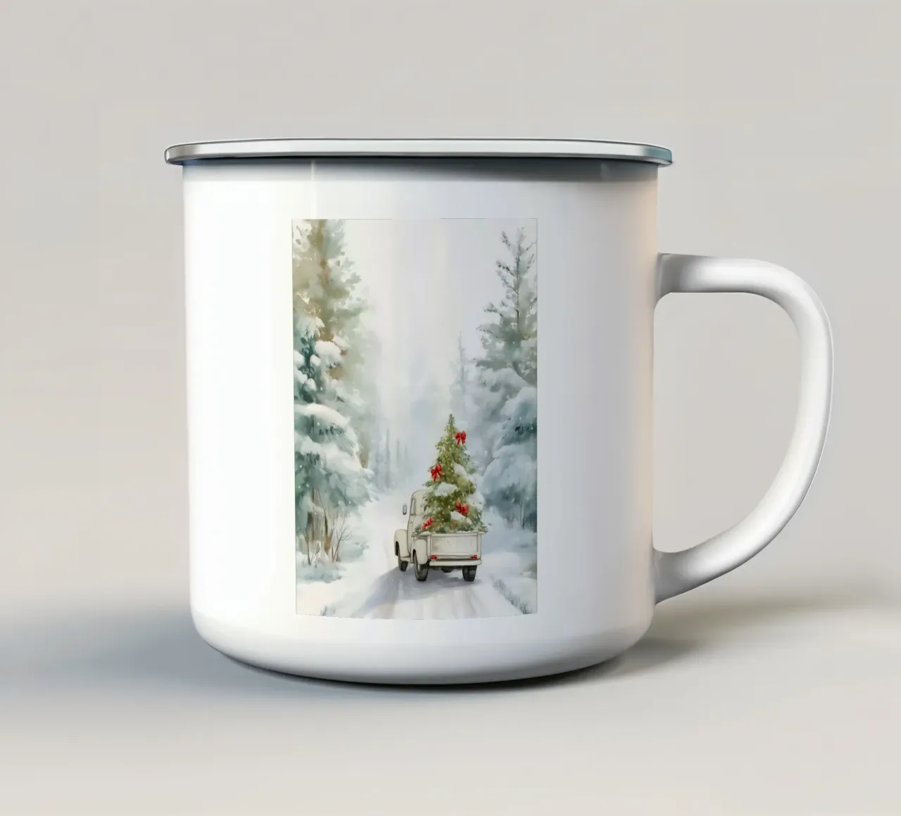 Scena di foresta innevata con camion d'epoca e albero di Natale tazza in smalto da Holiday Hearth Prints
