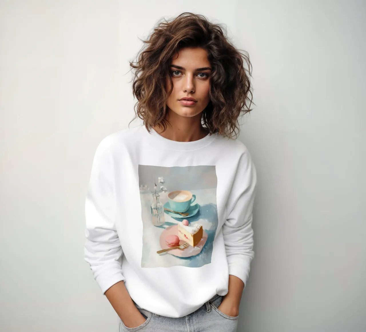 Dessert del caffè invernale con fetta di torta e macaron rosa felpa da Holiday Hearth Prints