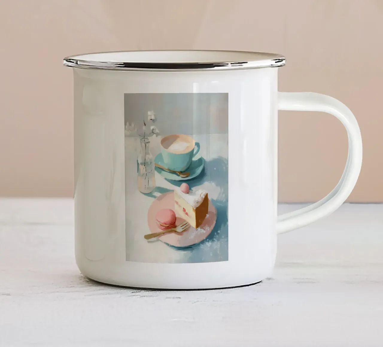 Dessert del caffè invernale con fetta di torta e macaron rosa tazza in smalto da Holiday Hearth Prints