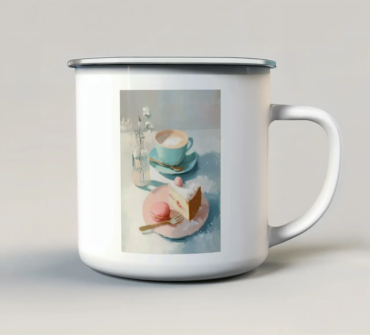 Dessert del caffè invernale con fetta di torta e macaron rosa tazza in smalto da Holiday Hearth Prints