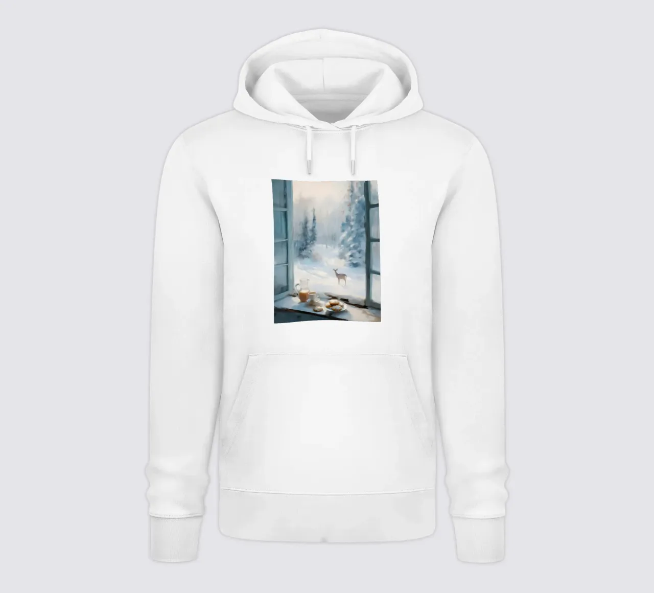 Mattina d'inverno con caffè, pasticcini e un cervo solitario felpa con cappuccio da Holiday Hearth Prints