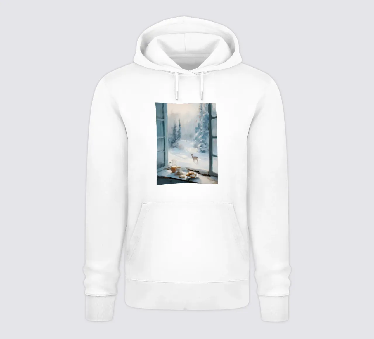 Mattina d'inverno con caffè, pasticcini e un cervo solitario felpa con cappuccio da Holiday Hearth Prints