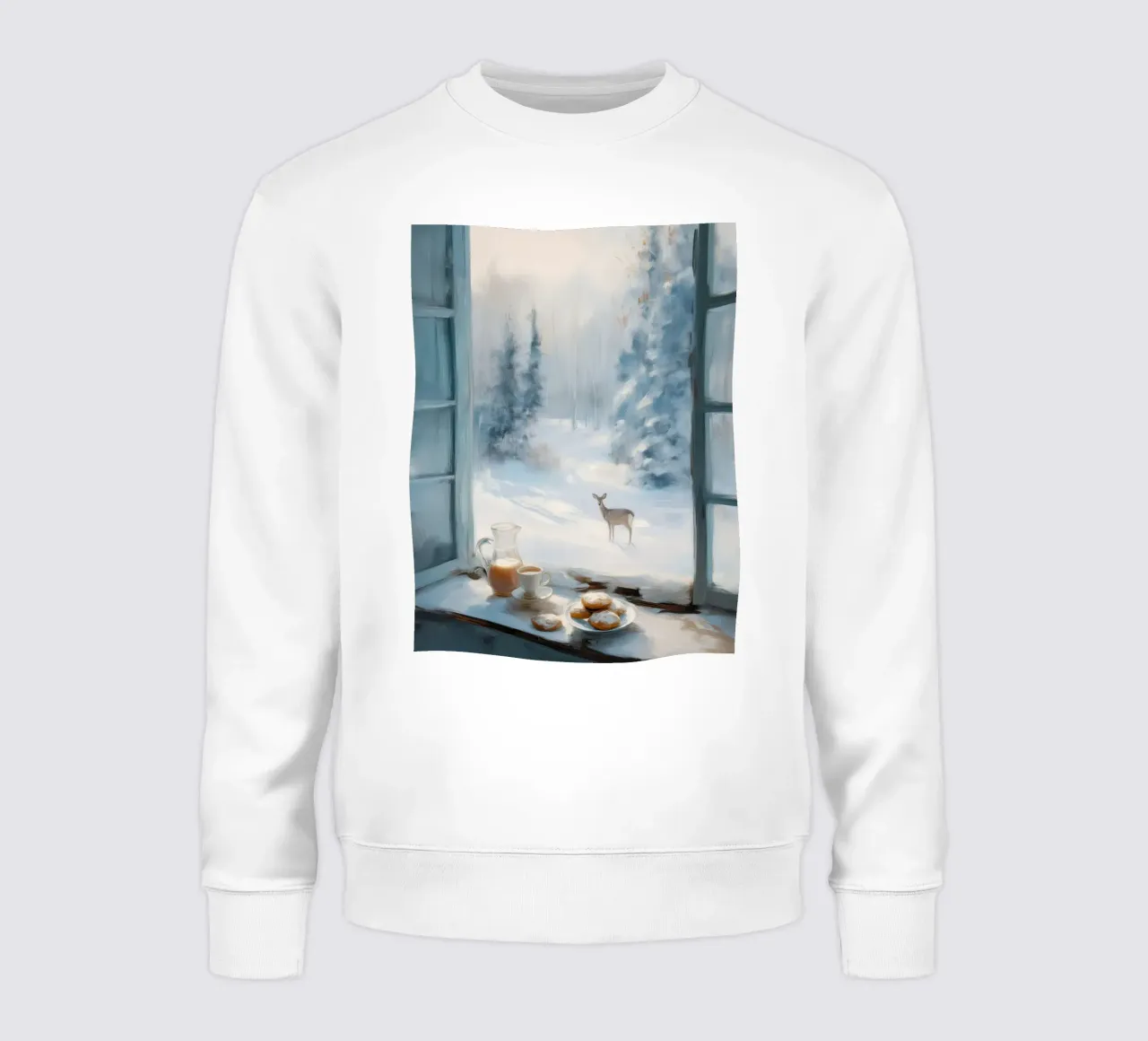 Mattina d'inverno con caffè, pasticcini e un cervo solitario felpa da Holiday Hearth Prints