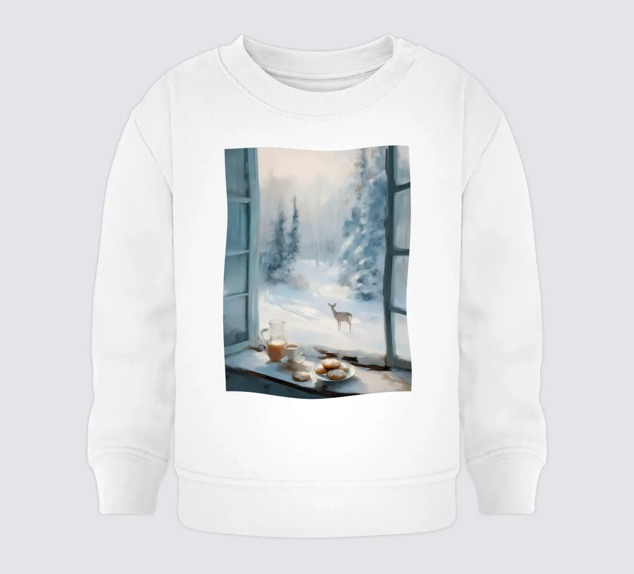Mattina d'inverno con caffè, pasticcini e un cervo solitario felpa neonato da Holiday Hearth Prints
