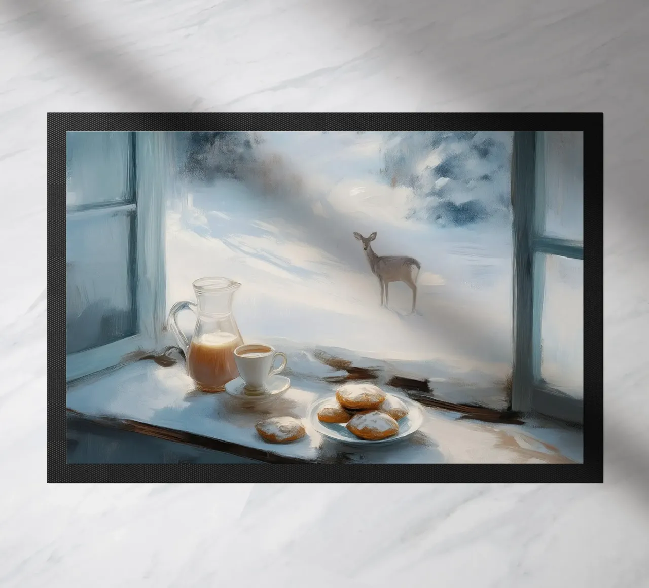 Mattina d'inverno con caffè, pasticcini e un cervo solitario zerbino da Holiday Hearth Prints