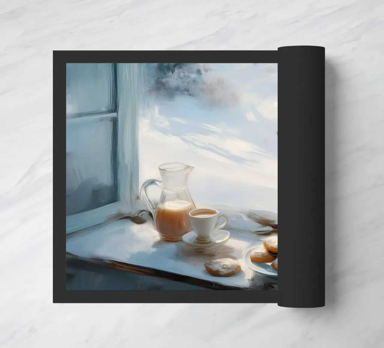 Mattina d'inverno con caffè, pasticcini e un cervo solitario zerbino da Holiday Hearth Prints