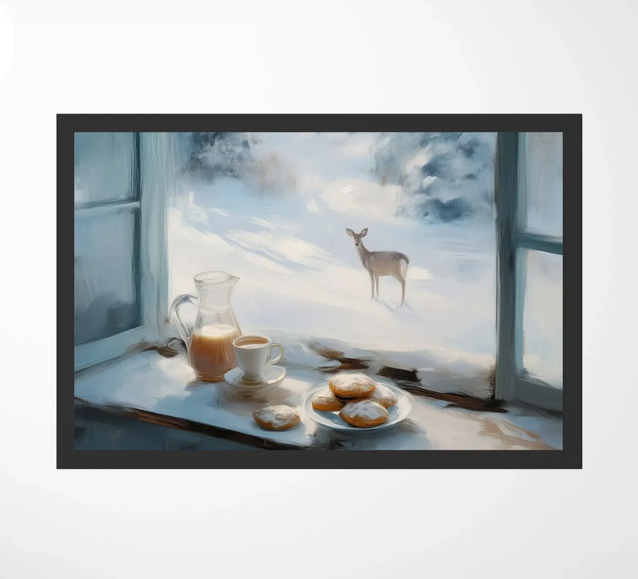 Mattina d'inverno con caffè, pasticcini e un cervo solitario zerbino da Holiday Hearth Prints