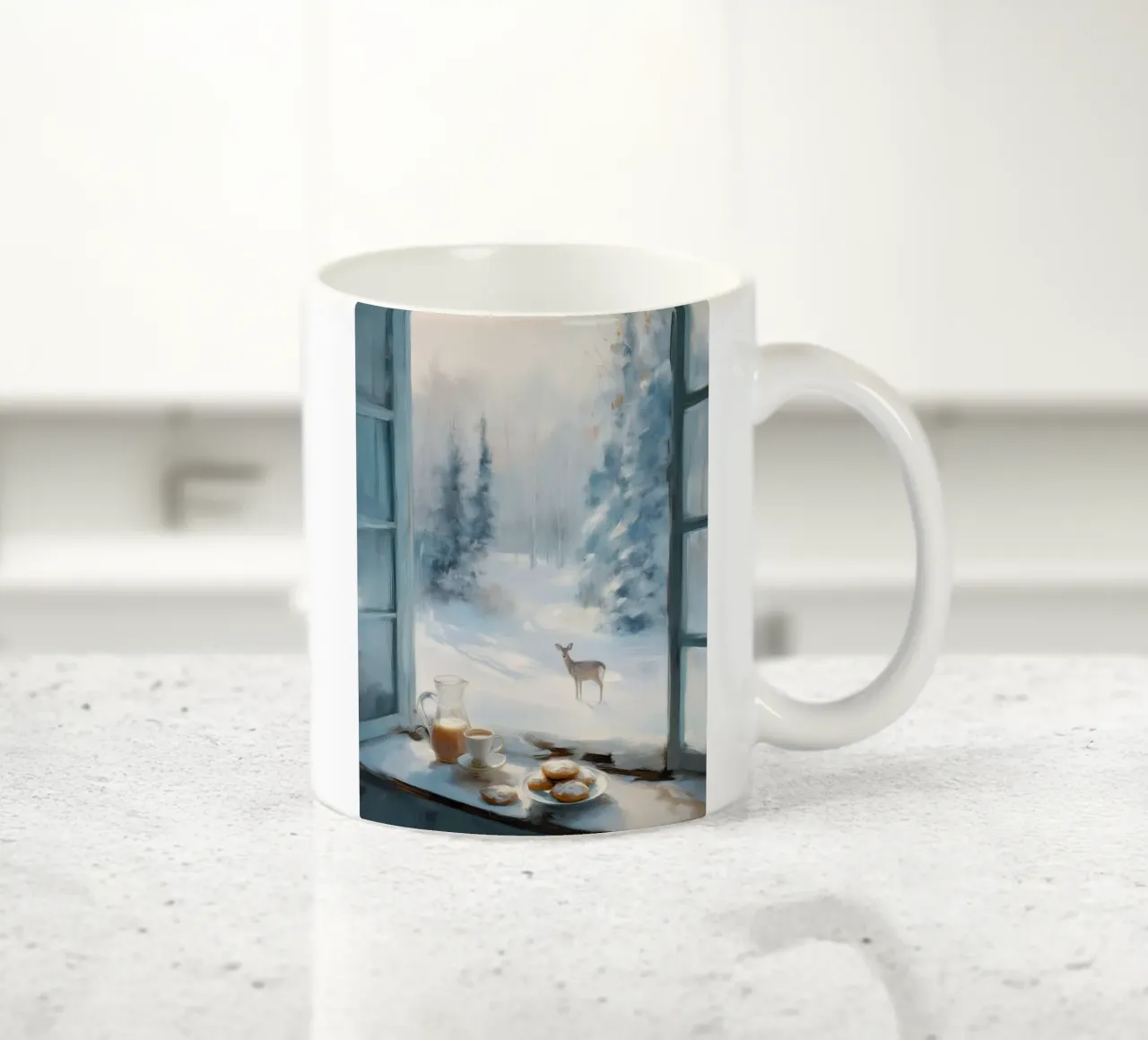 Mattina d'inverno con caffè, pasticcini e un cervo solitario tazza in ceramica da Holiday Hearth Prints