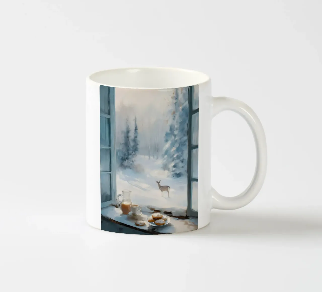 Mattina d'inverno con caffè, pasticcini e un cervo solitario tazza in ceramica da Holiday Hearth Prints