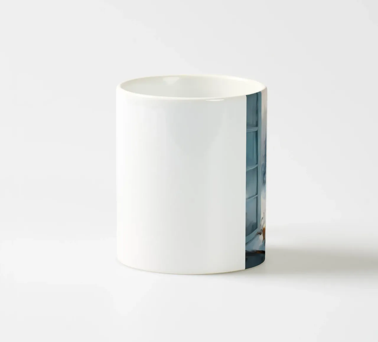 Mattina d'inverno con caffè, pasticcini e un cervo solitario tazza in ceramica da Holiday Hearth Prints